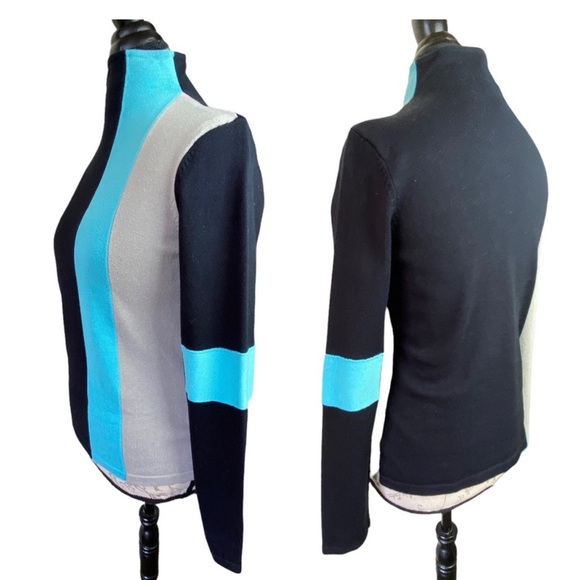 Spanner Retro Black Blue Color Block Tight Knit High Neck Long Sleeve Sweater S - Picture 2 of 16
